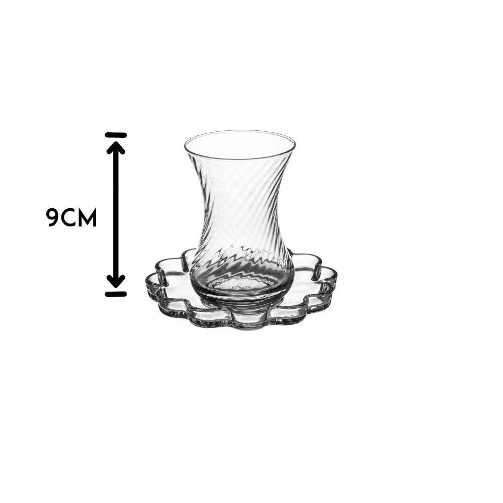 طقم كاسات شاي زجاج تركي سادة مع صحن بشكل وردة 12 ق...