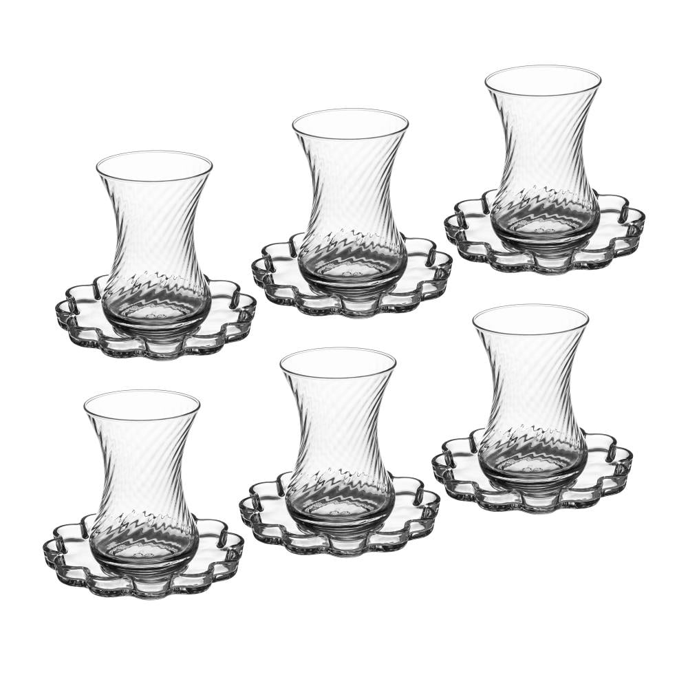 طقم كاسات شاي زجاج تركي سادة مع صحن بشكل وردة 12 ق...