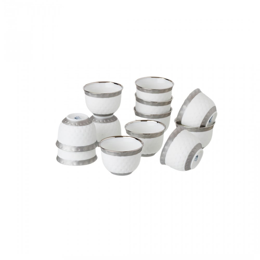 طقم فناجين قهوة سعودية بورسلين ياباني أبيض/فضي12 ق...