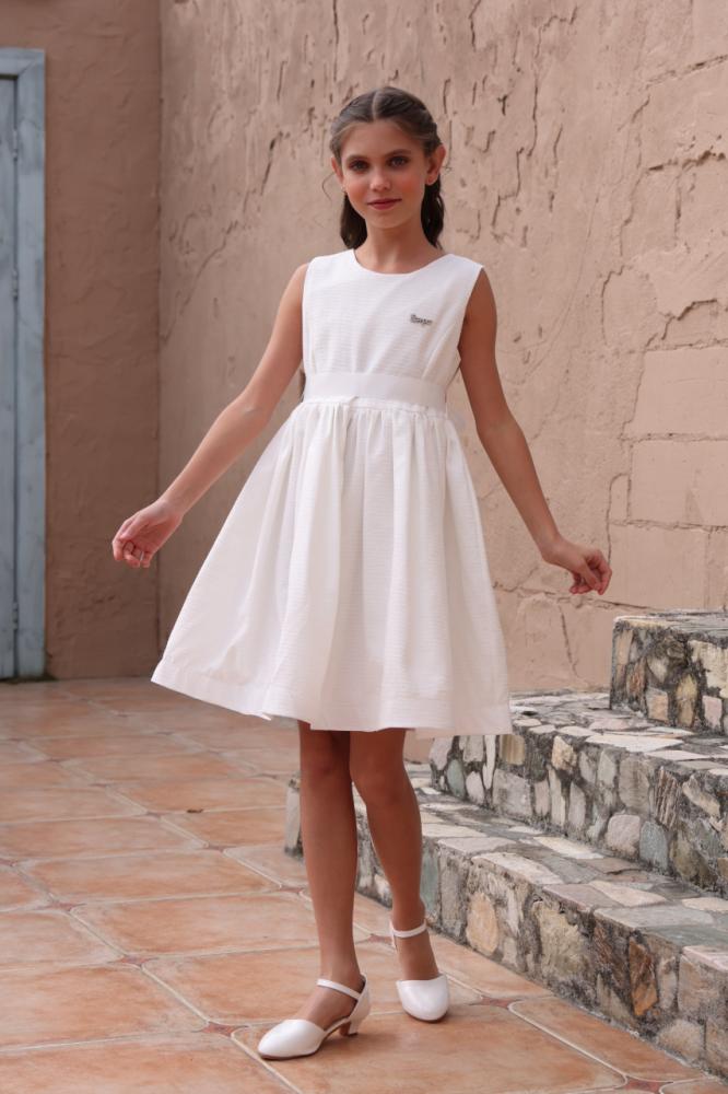 فستان بناتي ابيض بفيونكة بالخصر 7222