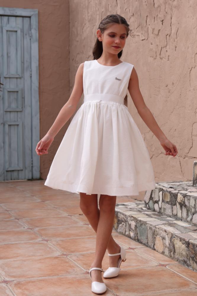 فستان بناتي ابيض بفيونكة بالخصر 7222