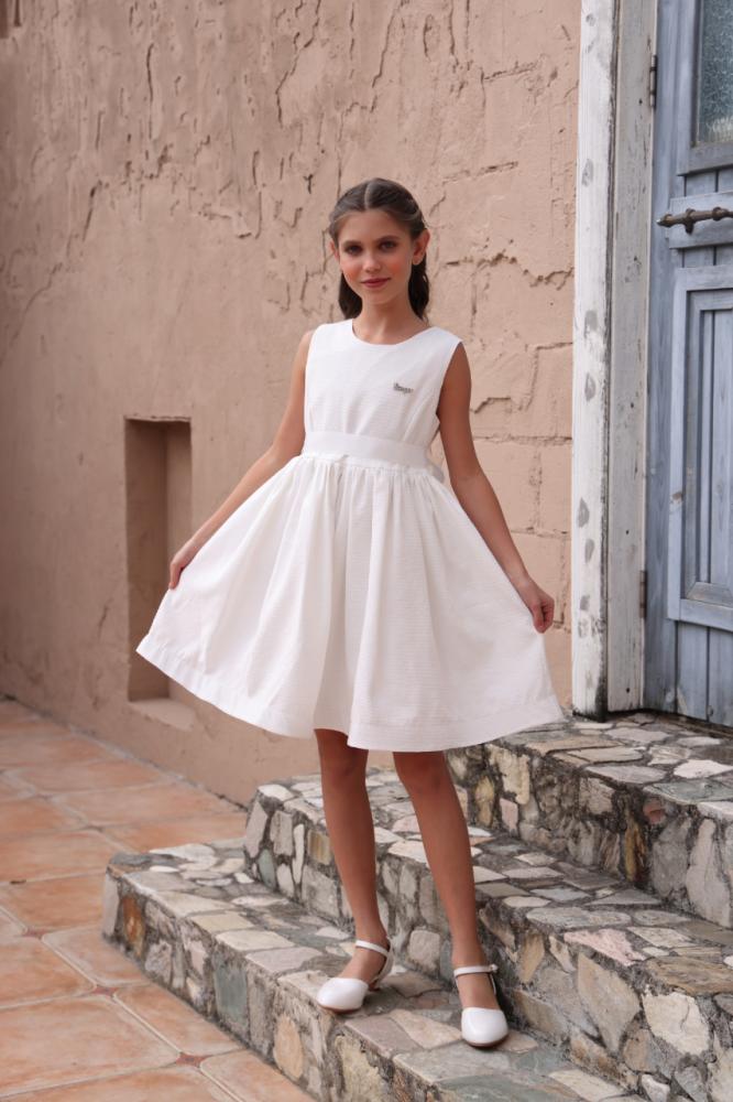 فستان بناتي ابيض بفيونكة بالخصر 7222