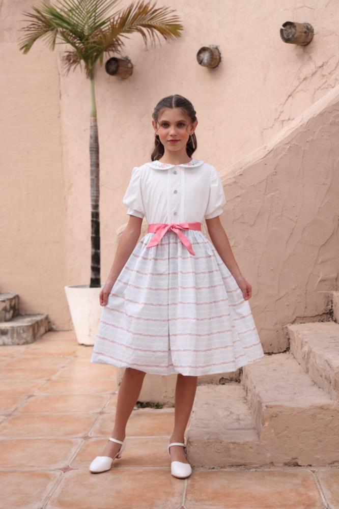 فستان بناتي نص كوم بحزام وردي 7155