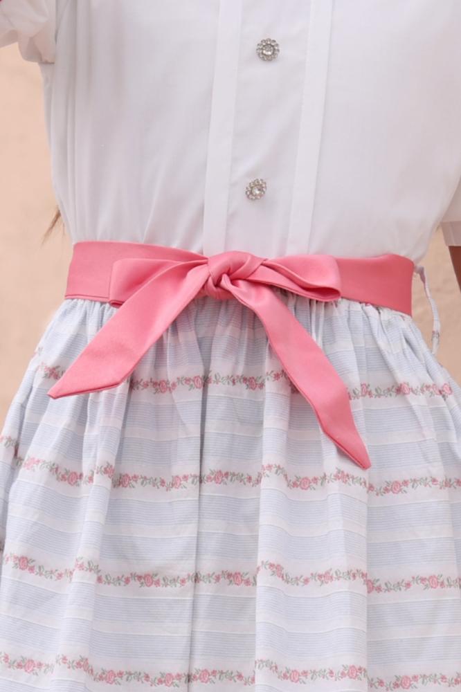 فستان بناتي نص كوم بحزام وردي 7155