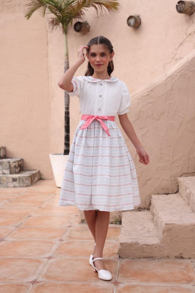 فستان بناتي نص كوم بحزام وردي 7155