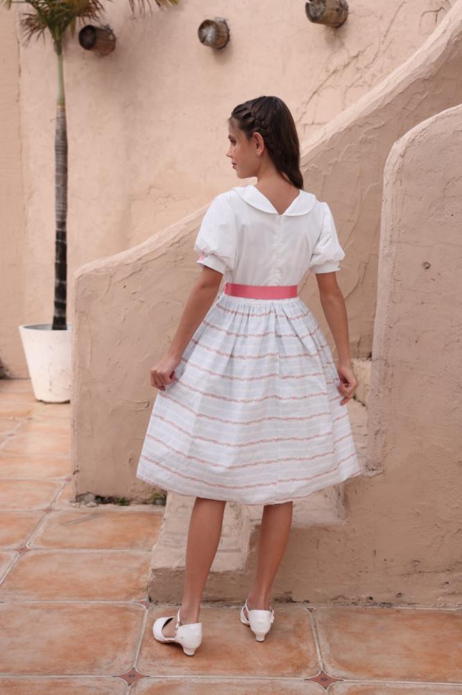 فستان بناتي نص كوم بحزام وردي 7155