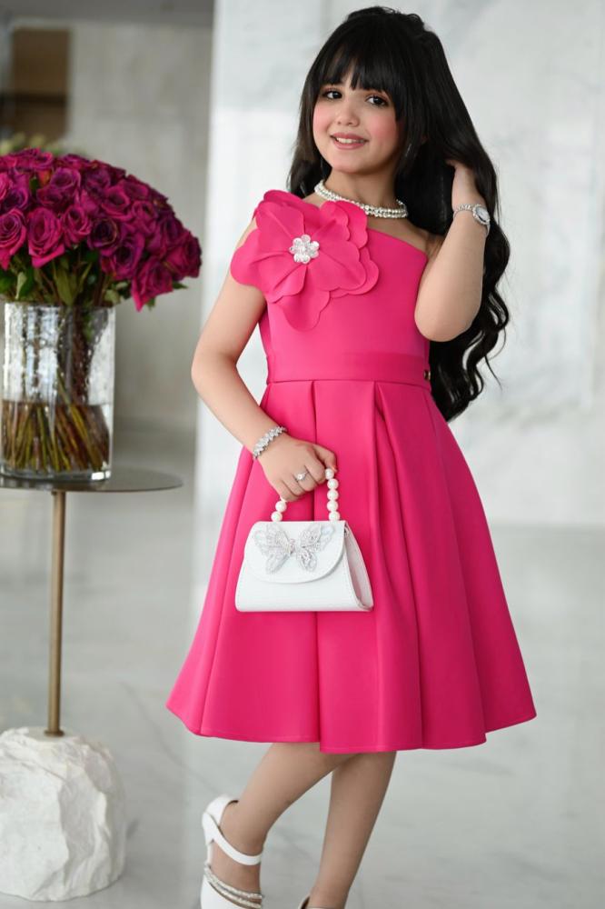 فستان بناتي سهرة فوشي وابيض S01097