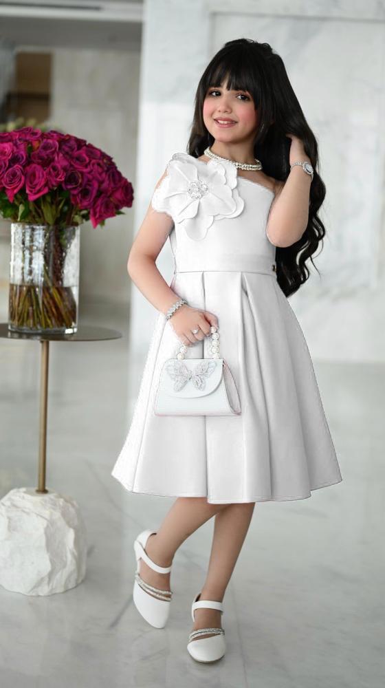 فستان بناتي سهرة فوشي وابيض S01097