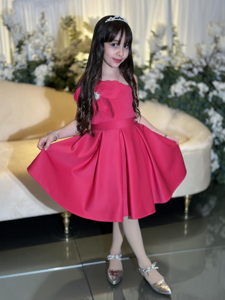 فستان بناتي سهرة فوشي وابيض S01097